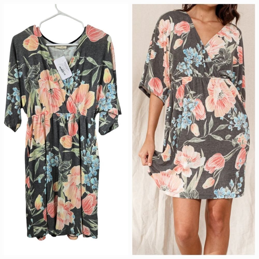 Oddi NWT Gray Floral Jersey Knit Dress Surplice Kimono Sleeve Soft Comfy Casual